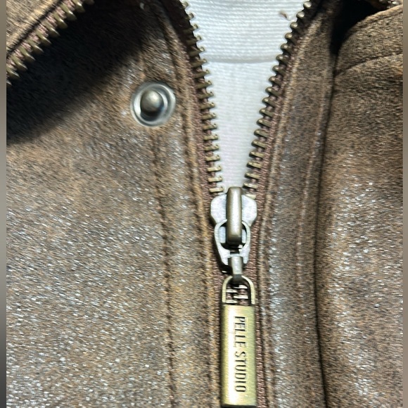 Wilsons Pelle Studio Brown Leather Sherpa Fur Lined Mid Length Heavy Winter Coat - Picture 15 of 17